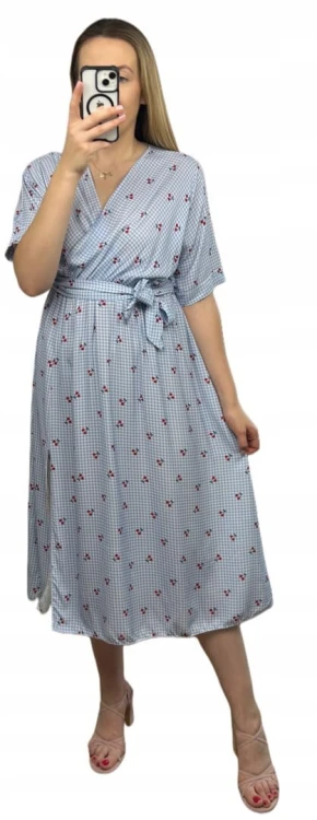 Sukienka midi kopertowy dekolt w wiśnie rozcięcie 100% wiskoza kratka