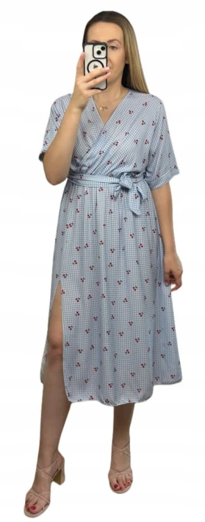 Sukienka midi kopertowy dekolt w wiśnie rozcięcie 100% wiskoza kratka