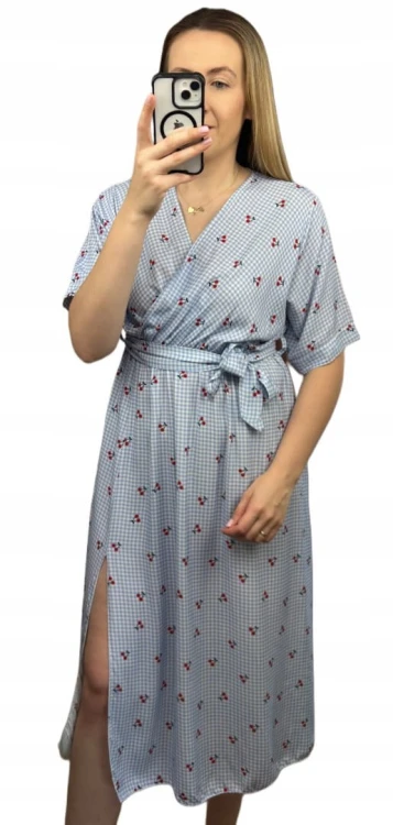 Sukienka midi kopertowy dekolt w wiśnie rozcięcie 100% wiskoza kratka