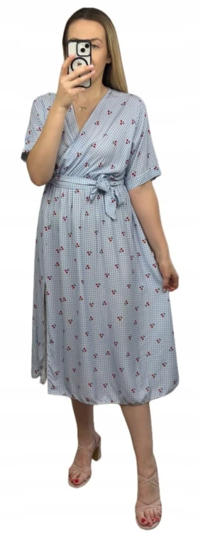 Sukienka midi kopertowy dekolt w wiśnie rozcięcie 100% wiskoza kratka