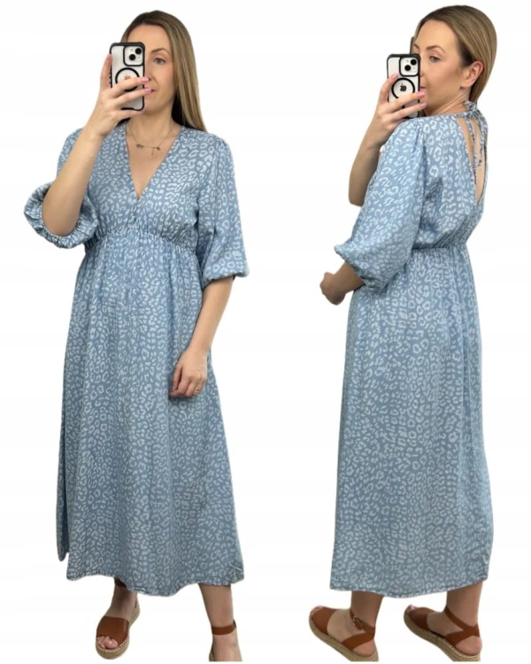 Sukienka midi letnia 100% tencel w cętki panterkę dekolt V rękaw 3/4