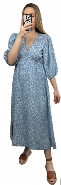 Sukienka midi letnia 100% tencel w cętki panterkę dekolt V rękaw 3/4