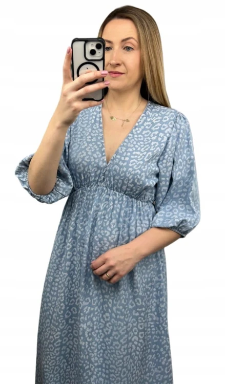 Sukienka midi letnia 100% tencel w cętki panterkę dekolt V rękaw 3/4