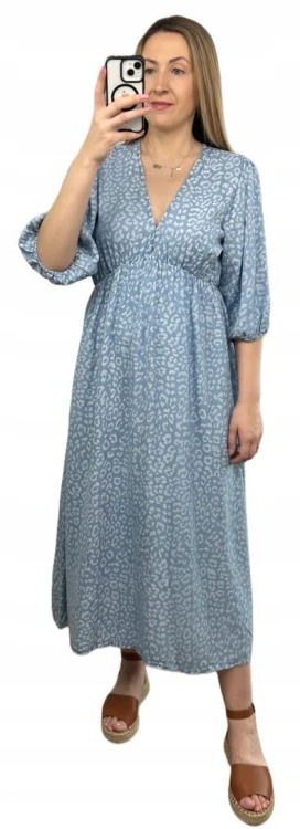 Sukienka midi letnia 100% tencel w cętki panterkę dekolt V rękaw 3/4