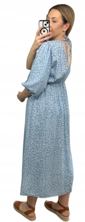 Sukienka midi letnia 100% tencel w cętki panterkę dekolt V rękaw 3/4