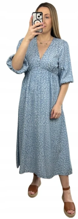 Sukienka midi letnia 100% tencel w cętki panterkę dekolt V rękaw 3/4