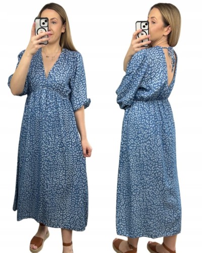 Sukienka midi letnia 100% tencel w cętki panterkę dekolt V rękaw 3/4
