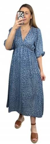 Sukienka midi letnia 100% tencel w cętki panterkę dekolt V rękaw 3/4