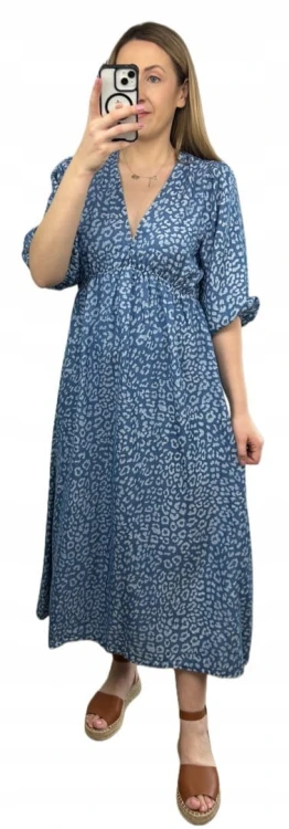 Sukienka midi letnia 100% tencel w cętki panterkę dekolt V rękaw 3/4