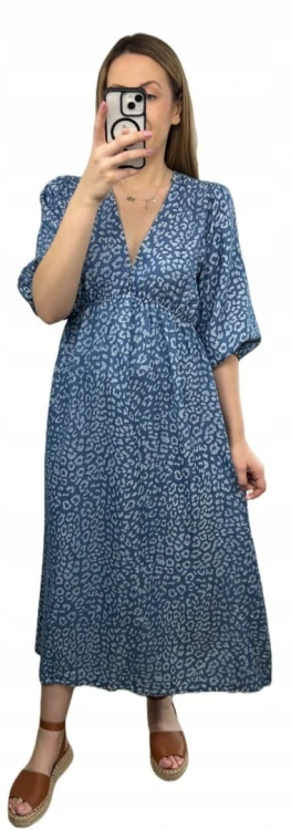 Sukienka midi letnia 100% tencel w cętki panterkę dekolt V rękaw 3/4