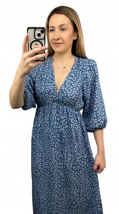 Sukienka midi letnia 100% tencel w cętki panterkę dekolt V rękaw 3/4
