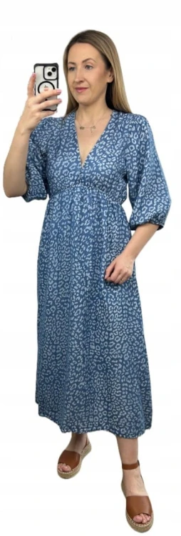 Sukienka midi letnia 100% tencel w cętki panterkę dekolt V rękaw 3/4