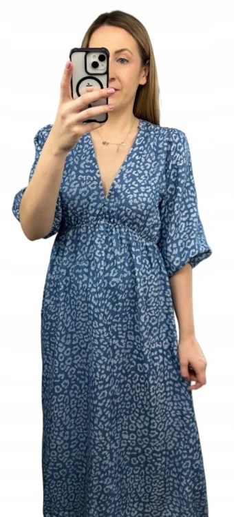 Sukienka midi letnia 100% tencel w cętki panterkę dekolt V rękaw 3/4