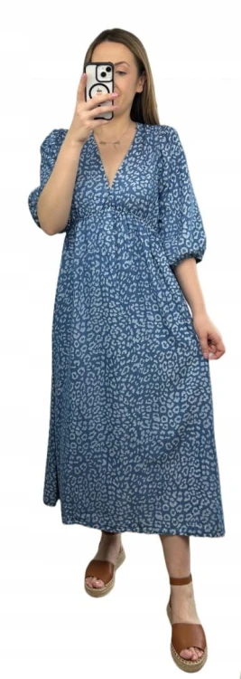 Sukienka midi letnia 100% tencel w cętki panterkę dekolt V rękaw 3/4