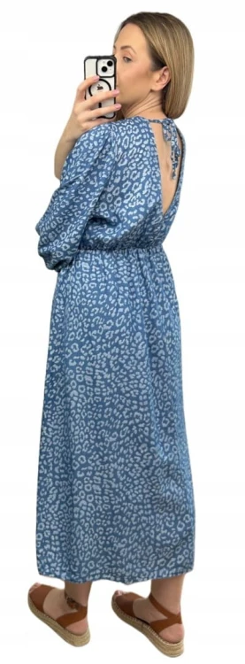 Sukienka midi letnia 100% tencel w cętki panterkę dekolt V rękaw 3/4