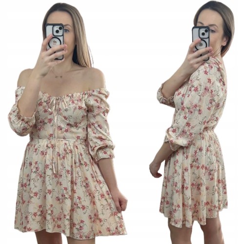 Sukienka rozkloszowana 100% wiskoza rękawek hiszpanka w kwiaty beżowa róż