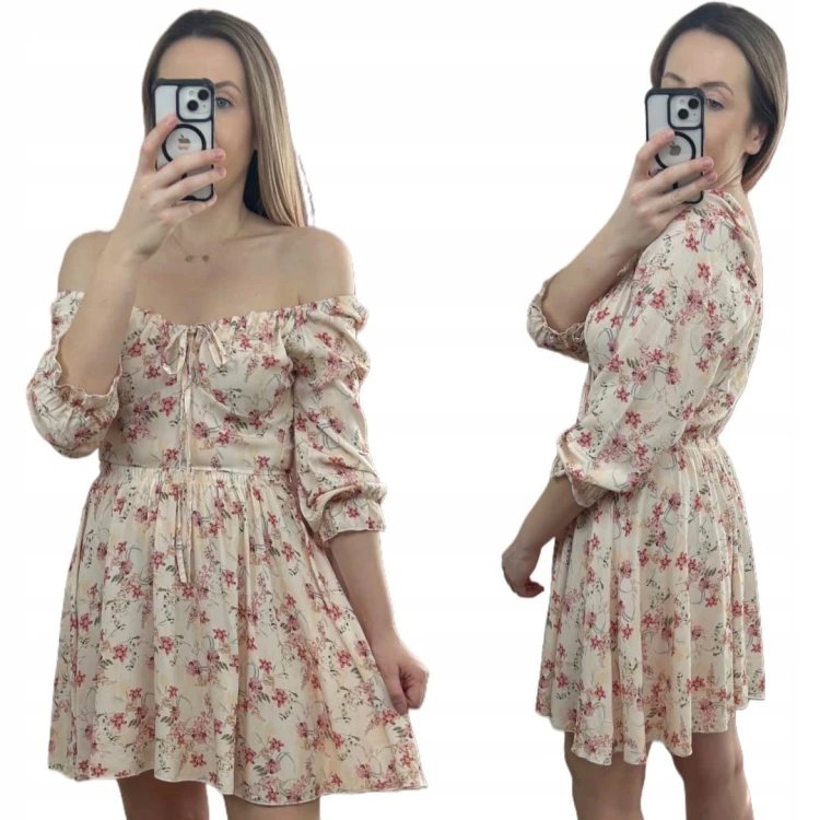 Sukienka rozkloszowana 100% wiskoza rękawek hiszpanka w kwiaty beżowa róż