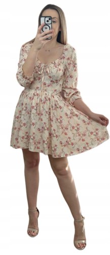 Sukienka rozkloszowana 100% wiskoza rękawek hiszpanka w kwiaty beżowa róż