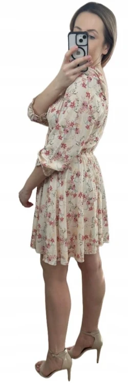 Sukienka rozkloszowana 100% wiskoza rękawek hiszpanka w kwiaty beżowa róż