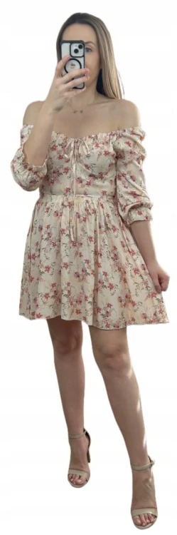 Sukienka rozkloszowana 100% wiskoza rękawek hiszpanka w kwiaty beżowa róż