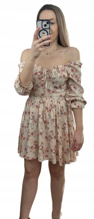 Sukienka rozkloszowana 100% wiskoza rękawek hiszpanka w kwiaty beżowa róż