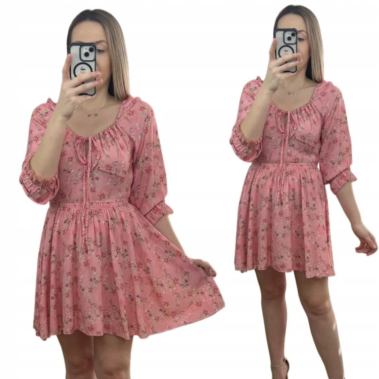 Sukienka rozkloszowana 100% wiskoza rękawek hiszpanka w kwiaty różowa