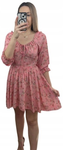 Sukienka rozkloszowana 100% wiskoza rękawek hiszpanka w kwiaty różowa