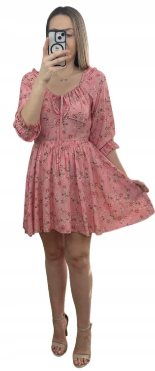 Sukienka rozkloszowana 100% wiskoza rękawek hiszpanka w kwiaty różowa