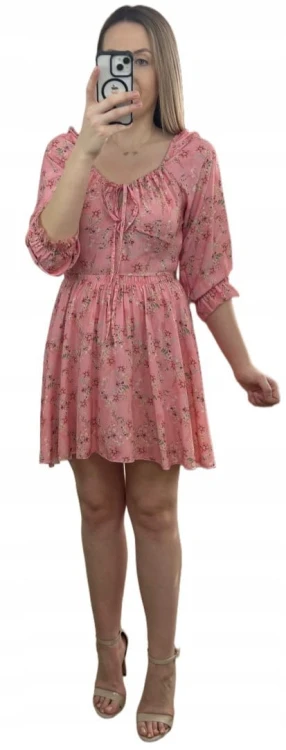 Sukienka rozkloszowana 100% wiskoza rękawek hiszpanka w kwiaty różowa