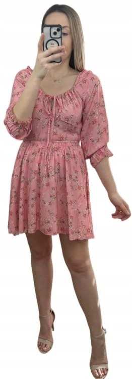 Sukienka rozkloszowana 100% wiskoza rękawek hiszpanka w kwiaty różowa