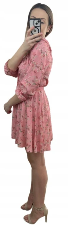 Sukienka rozkloszowana 100% wiskoza rękawek hiszpanka w kwiaty różowa