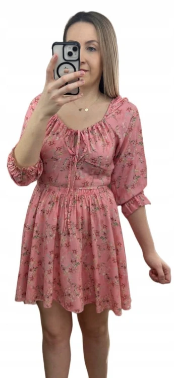 Sukienka rozkloszowana 100% wiskoza rękawek hiszpanka w kwiaty różowa