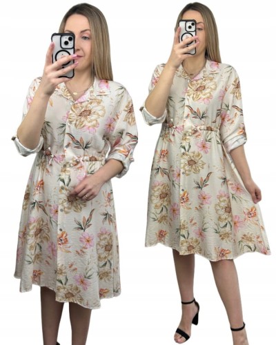 Sukienka szmizjerka koszulowa luźna wiskoza kreszowana w kwiaty luźna beż