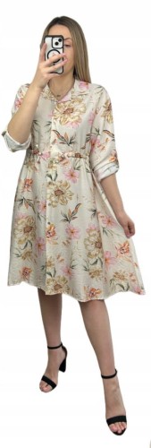 Sukienka szmizjerka koszulowa luźna wiskoza kreszowana w kwiaty luźna beż