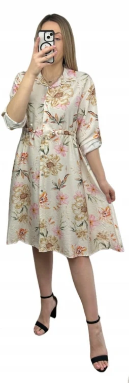 Sukienka szmizjerka koszulowa luźna wiskoza kreszowana w kwiaty luźna beż