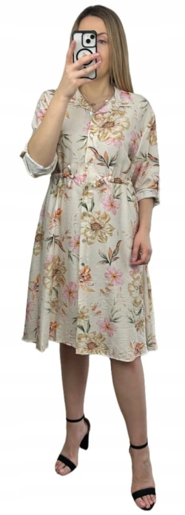 Sukienka szmizjerka koszulowa luźna wiskoza kreszowana w kwiaty luźna beż