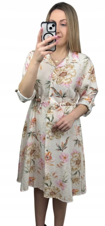 Sukienka szmizjerka koszulowa luźna wiskoza kreszowana w kwiaty luźna beż