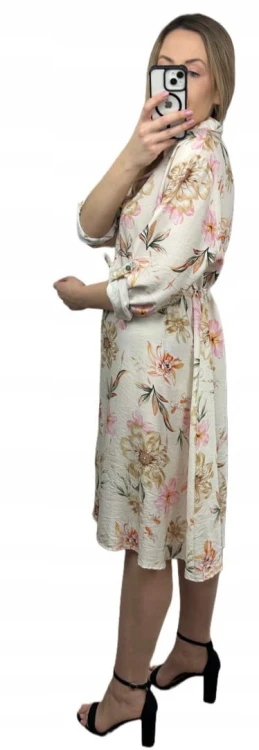 Sukienka szmizjerka koszulowa luźna wiskoza kreszowana w kwiaty luźna beż