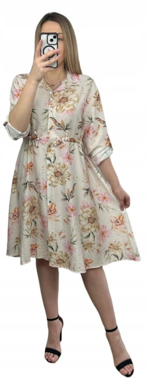 Sukienka szmizjerka koszulowa luźna wiskoza kreszowana w kwiaty luźna beż