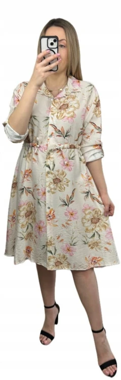 Sukienka szmizjerka koszulowa luźna wiskoza kreszowana w kwiaty luźna beż