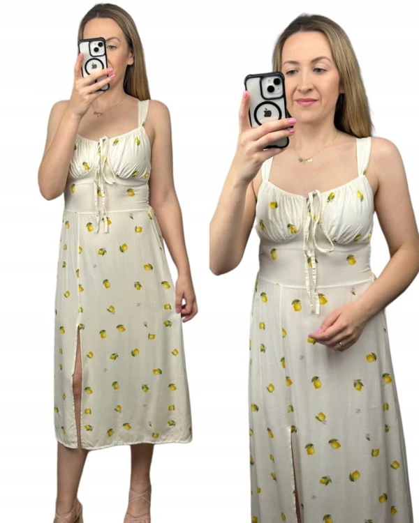 Sukienka w cytryny lemon ramiączkach rozcięcie śmietanka 100% wiskoza midi