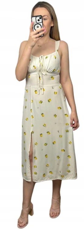 Sukienka w cytryny lemon ramiączkach rozcięcie śmietanka 100% wiskoza midi
