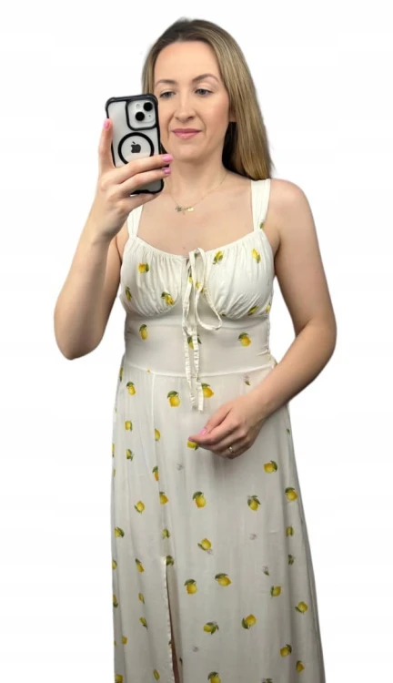 Sukienka w cytryny lemon ramiączkach rozcięcie śmietanka 100% wiskoza midi
