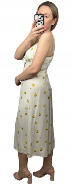 Sukienka w cytryny lemon ramiączkach rozcięcie śmietanka 100% wiskoza midi