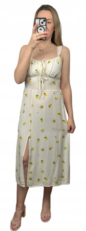 Sukienka w cytryny lemon ramiączkach rozcięcie śmietanka 100% wiskoza midi