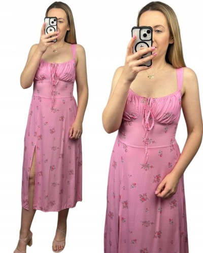 Sukienka w kwiaty na ramiączkach rozcięcie różowa 100% wiskoza midi