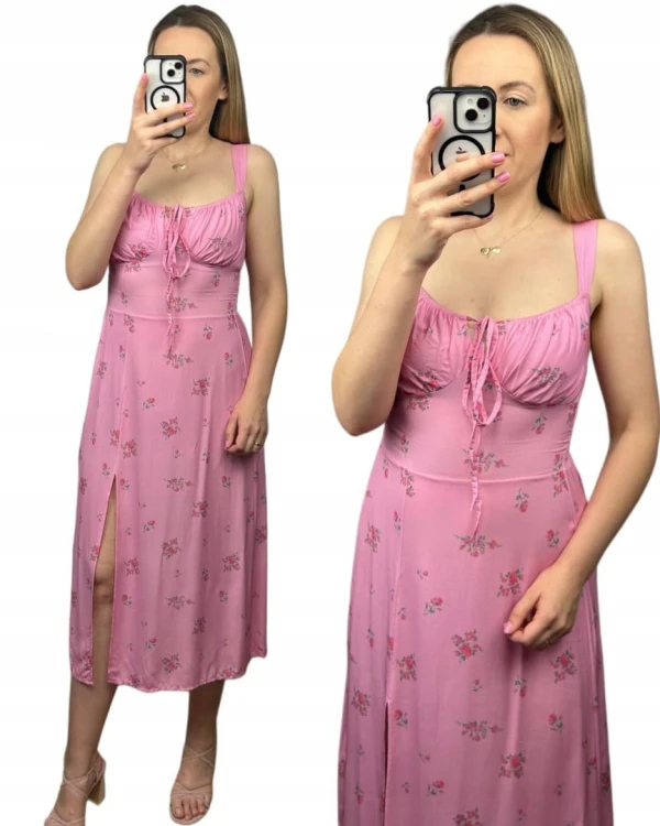 Sukienka w kwiaty na ramiączkach rozcięcie różowa 100% wiskoza midi