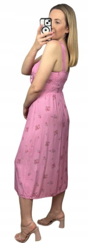 Sukienka w kwiaty na ramiączkach rozcięcie różowa 100% wiskoza midi