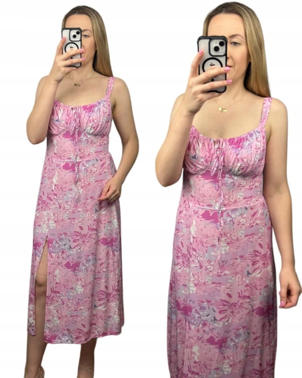 Sukienka w kwiaty na ramiączkach rozcięcie różowa lila 100% wiskoza midi