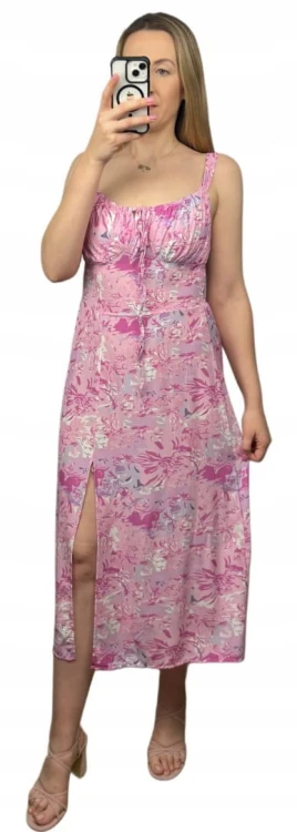 Sukienka w kwiaty na ramiączkach rozcięcie różowa lila 100% wiskoza midi